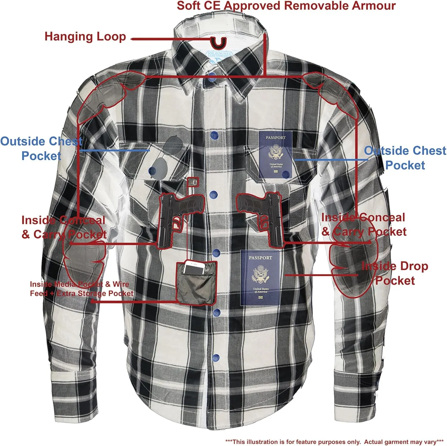 Milwaukee Leather Men's Plaid Flannel Biker Shirt with CE Approved Armor - Reinforced w/Protective Fibers