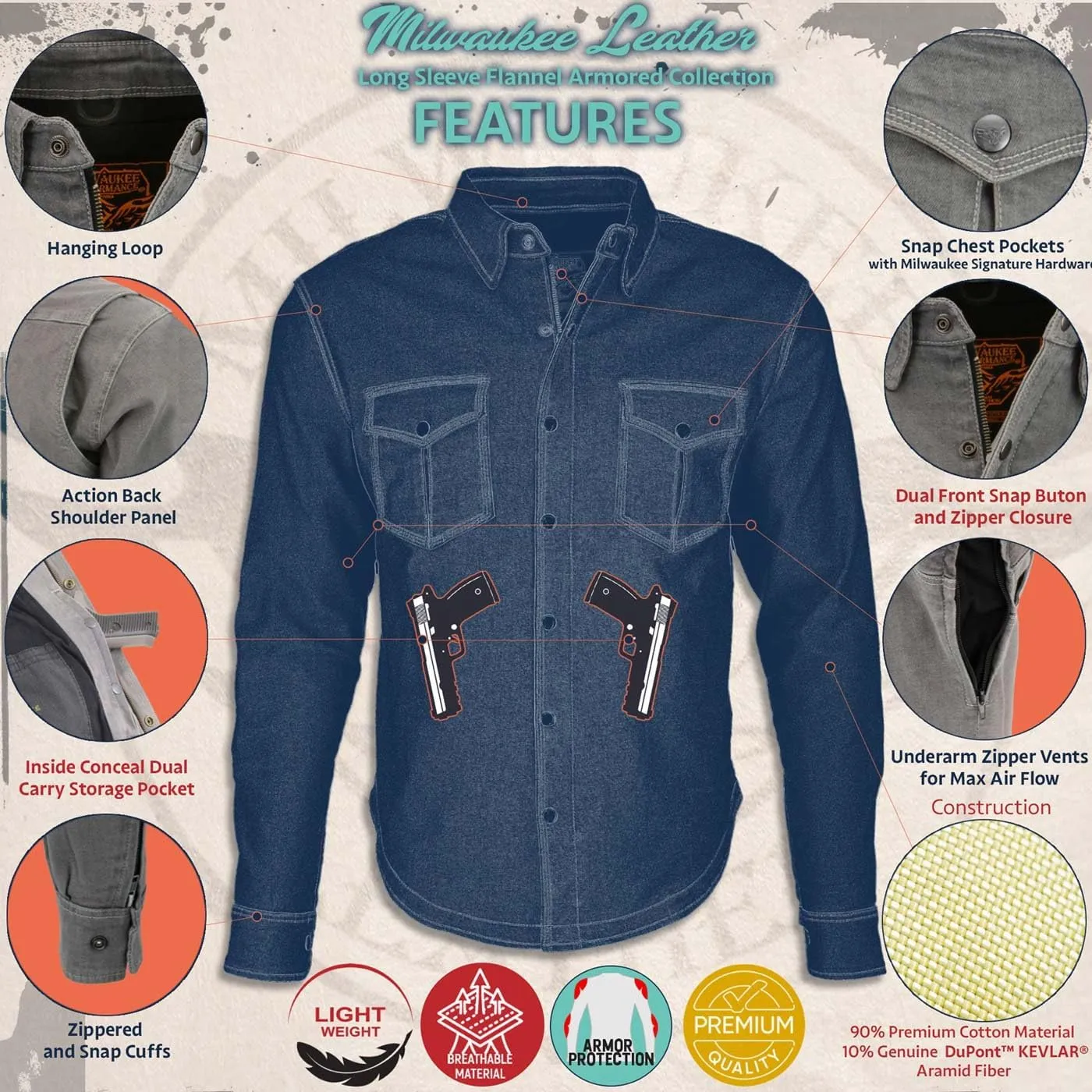 Milwaukee Leather MPM1626 Men's Plaid Flannel Biker Shirt with CE Approved Armor - Reinforced w/Aramid Fiber