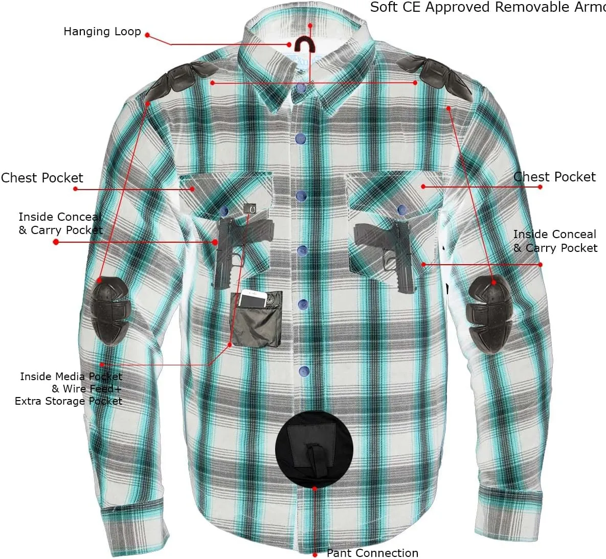 Milwaukee Leather MPM1632 Men's Plaid Flannel Biker Shirt with CE Approved Armor - Reinforced w/Aramid Fiber