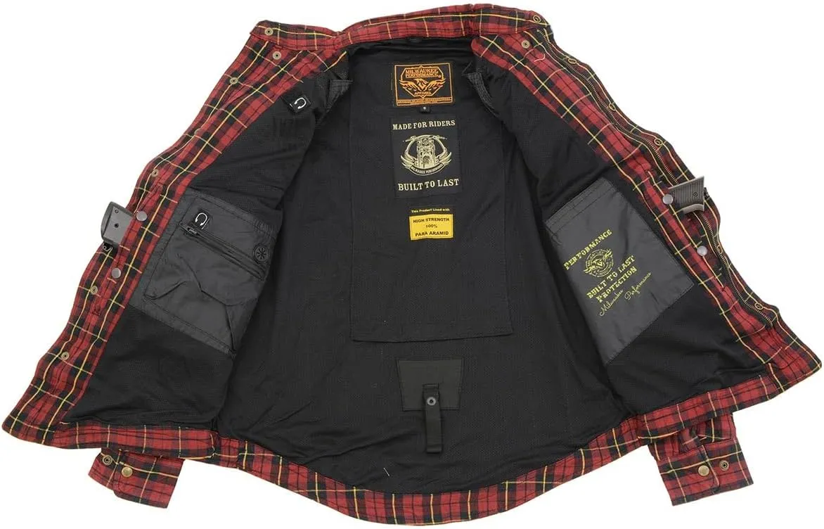 Milwaukee Leather MPM1632 Men's Plaid Flannel Biker Shirt with CE Approved Armor - Reinforced w/Aramid Fiber