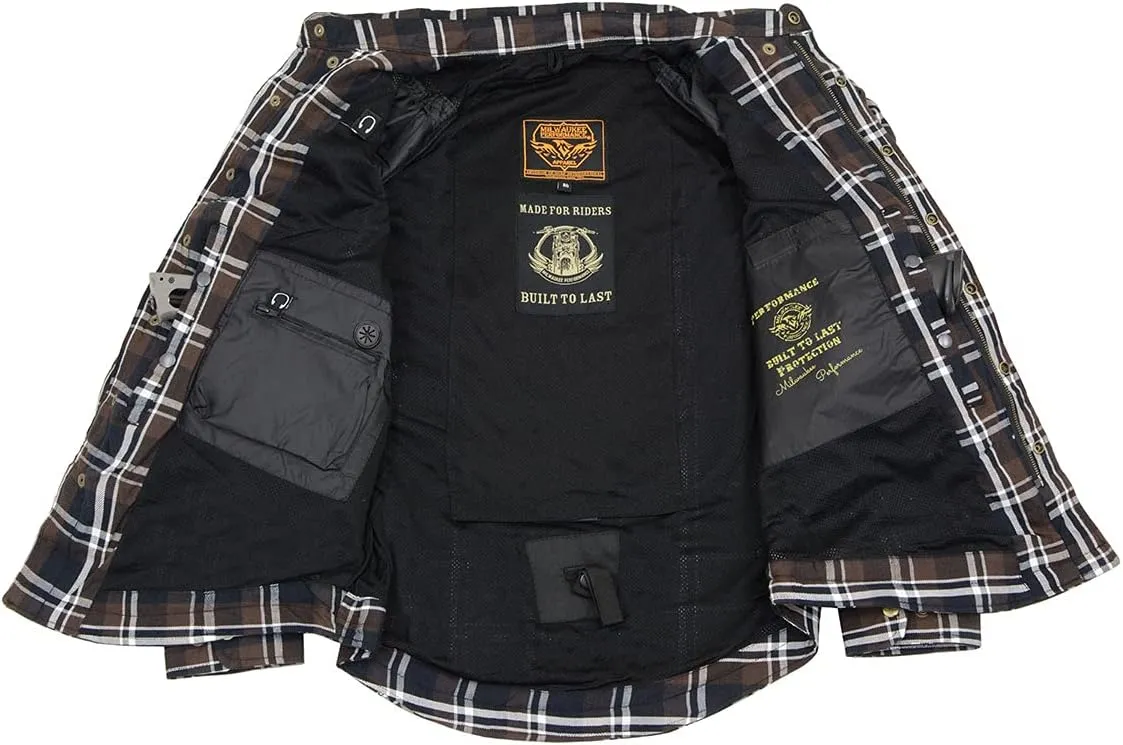 Milwaukee Leather MPM1643 Men's Plaid Flannel Biker Shirt with CE Approved Armor - Reinforced w/Aramid Fiber