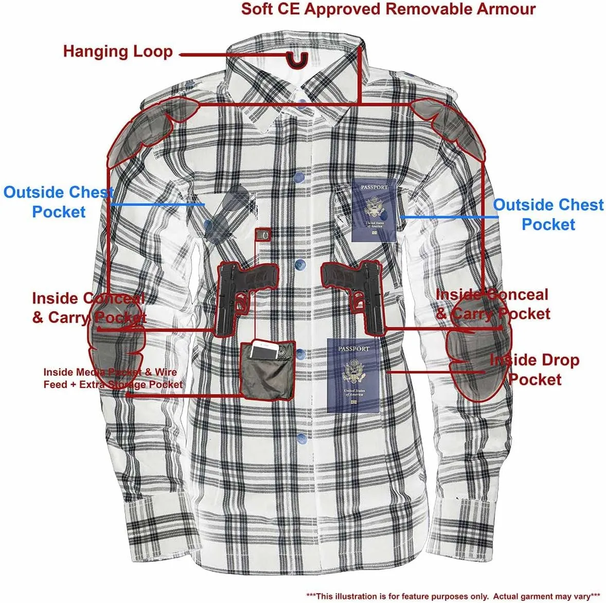 Milwaukee Leather Women’s Plaid Flannel Biker Shirt w/CE Approved Armor - Reinforced w/Aramid Fiber