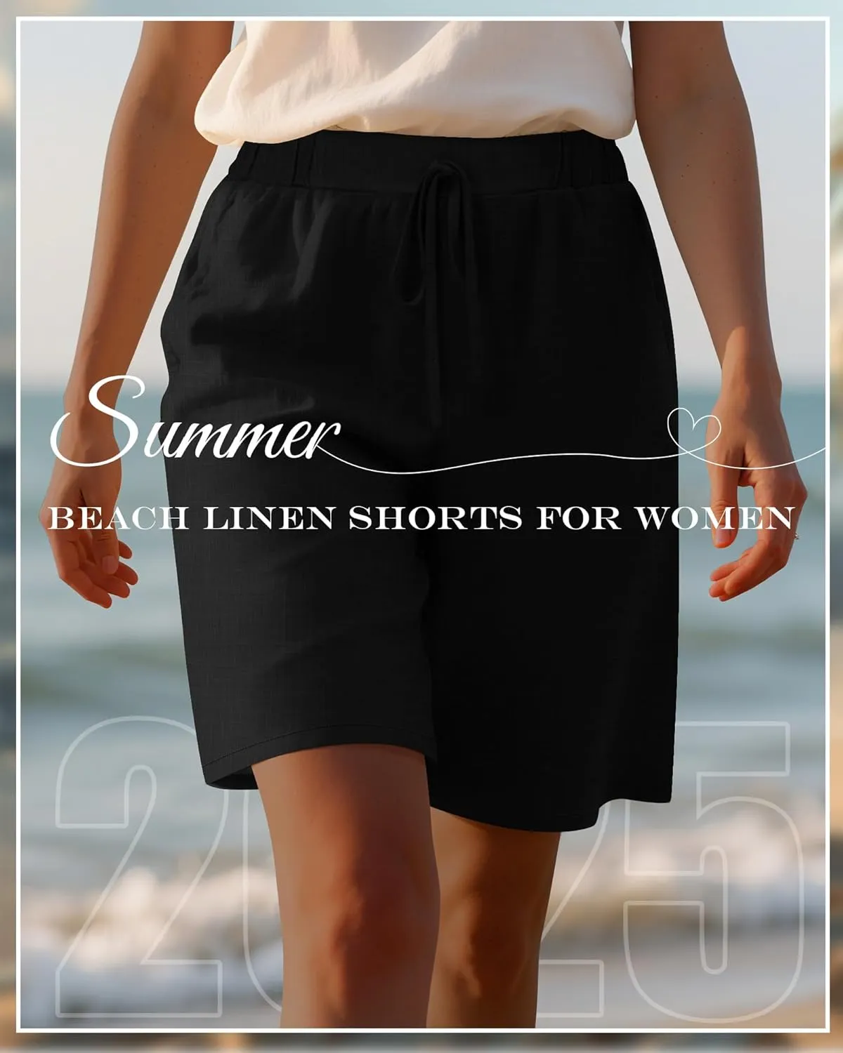 Neer 2 Pack Women's Linen Bermuda Shorts Elastic Waist Wide Leg Shorts Casual Summer Bottoms with Pockets