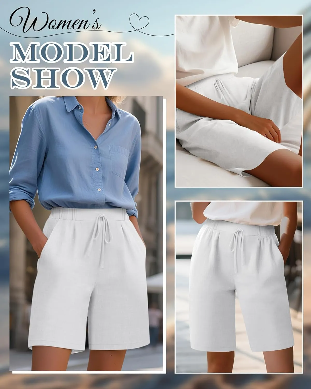 Neer 2 Pack Women's Linen Bermuda Shorts Elastic Waist Wide Leg Shorts Casual Summer Bottoms with Pockets