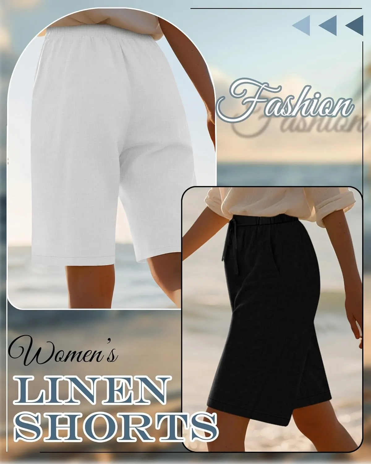 Neer 2 Pack Women's Linen Bermuda Shorts Elastic Waist Wide Leg Shorts Casual Summer Bottoms with Pockets