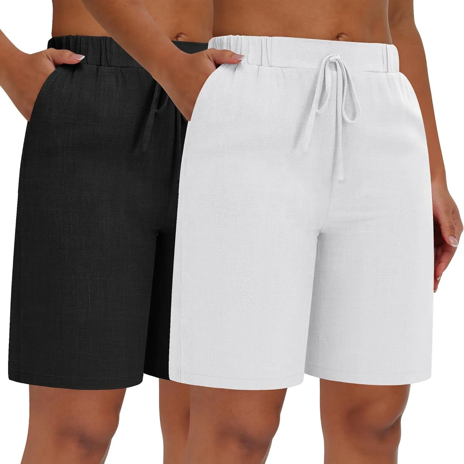Neer 2 Pack Women's Linen Bermuda Shorts Elastic Waist Wide Leg Shorts Casual Summer Bottoms with Pockets