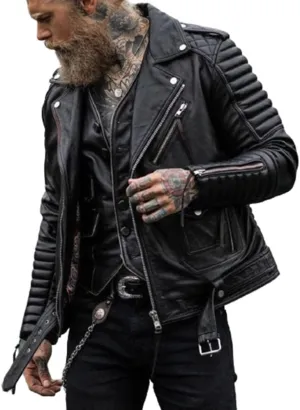 New Mens Black Quilted Motorcycle Jacket | Black Biker Leather Jacket For Men | Brando Vintage Riding Moto Jacket | Xs - 4xL