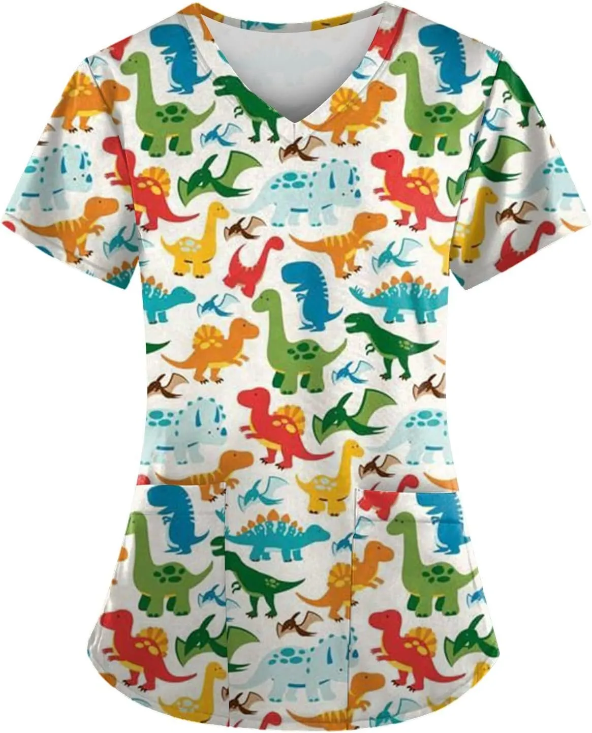OIOLOYJM Scrubs for Women Animal Print Tops for Women V Neck Cartoon Pattern Short Sleeve Nursing Tops with Pockets