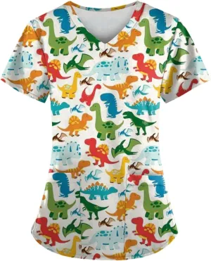 OIOLOYJM Scrubs for Women Animal Print Tops for Women V Neck Cartoon Pattern Short Sleeve Nursing Tops with Pockets