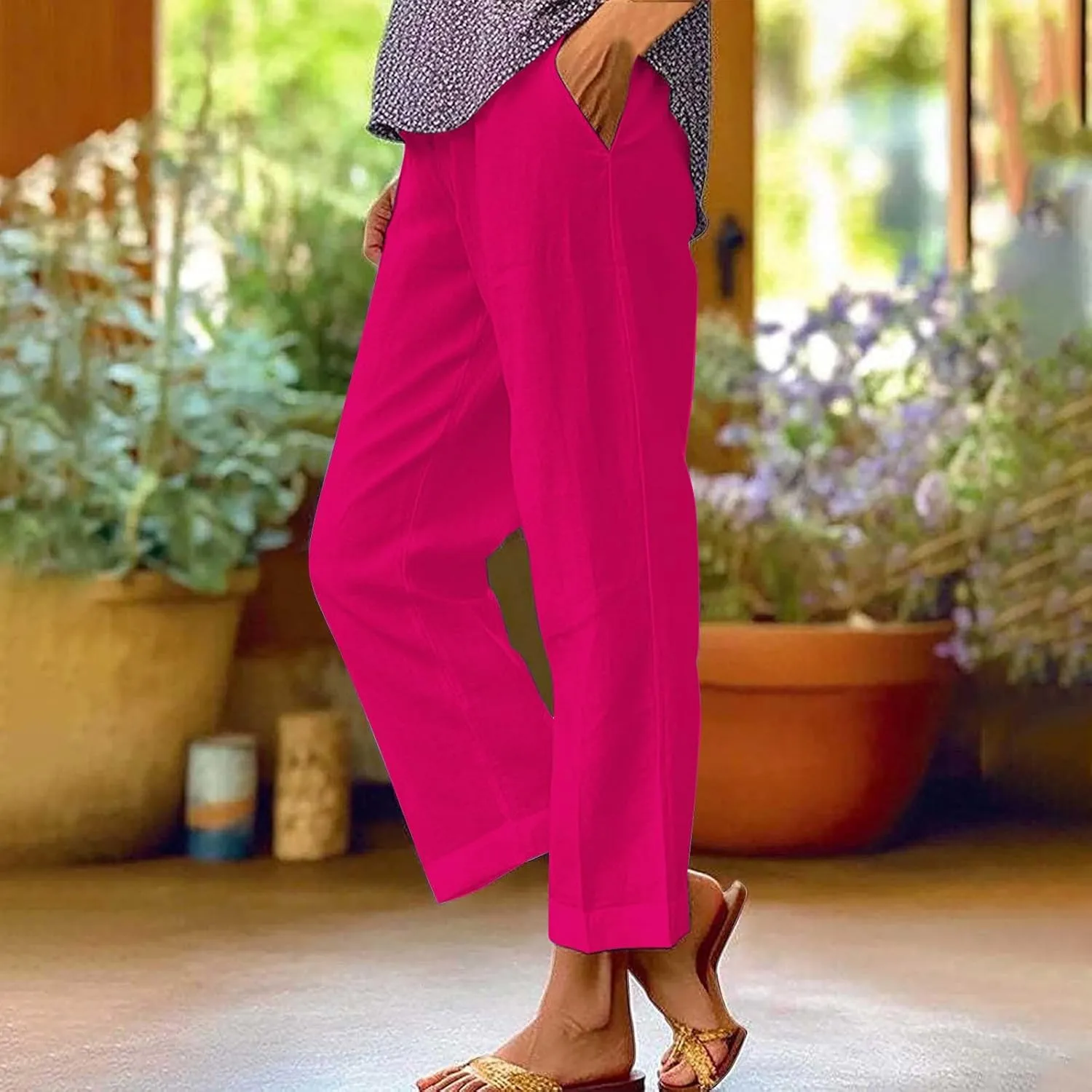 Plus Size Linen Pants Women's Casual Pants Elastic High Waisted Straight Leg Trousers Loose Summer Beach Bottoms