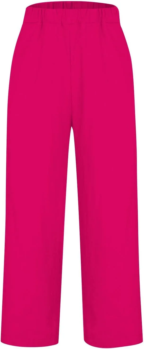Plus Size Linen Pants Women's Casual Pants Elastic High Waisted Straight Leg Trousers Loose Summer Beach Bottoms