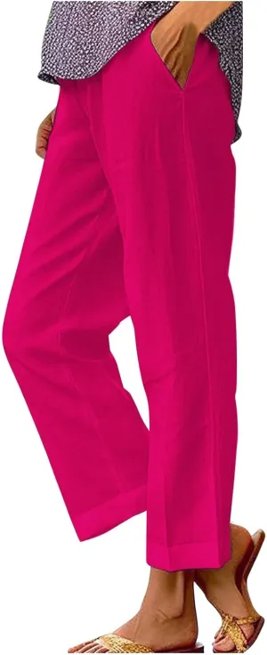 Plus Size Linen Pants Women's Casual Pants Elastic High Waisted Straight Leg Trousers Loose Summer Beach Bottoms
