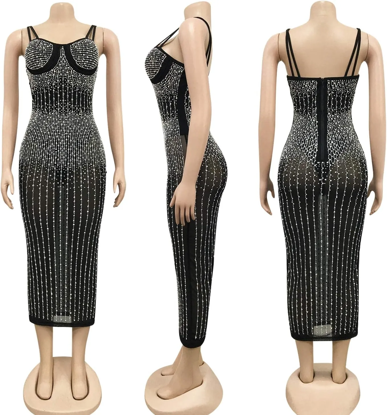 PORRCEY Women's Sexy Elegant Rhinestone Sleeveless Party Club Night Hot Drilling Clubwear Evening Dresses