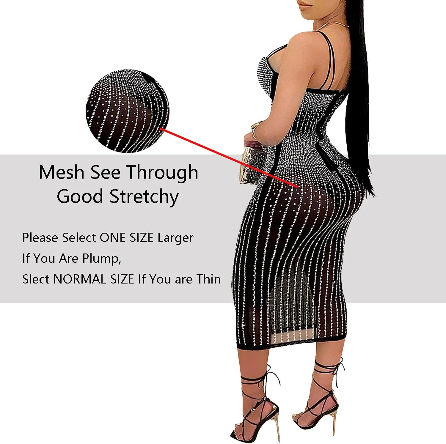 PORRCEY Women's Sexy Elegant Rhinestone Sleeveless Party Club Night Hot Drilling Clubwear Evening Dresses