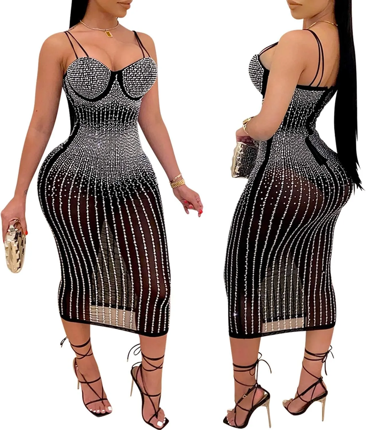 PORRCEY Women's Sexy Elegant Rhinestone Sleeveless Party Club Night Hot Drilling Clubwear Evening Dresses