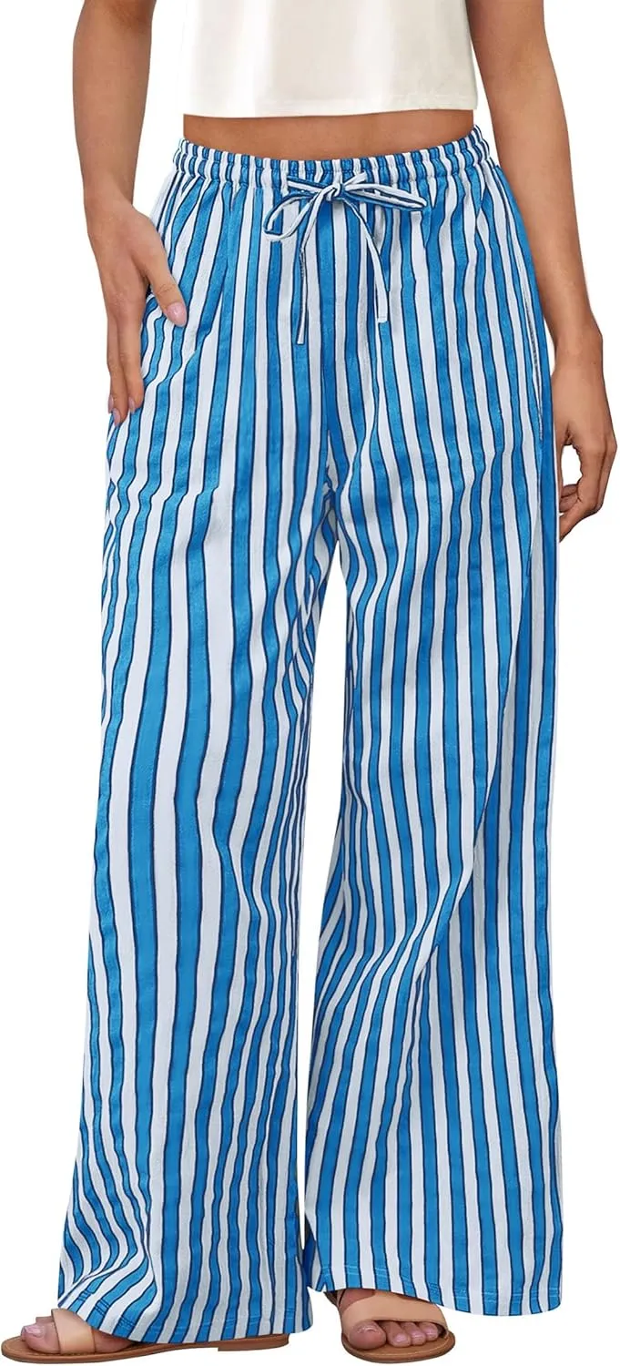 PRETTYGARDEN Women's Wide Leg Lounge Pants 2025 Summer Drawstring Elastic Waist Comfy Striped Pajama Bottoms Trendy Clothes
