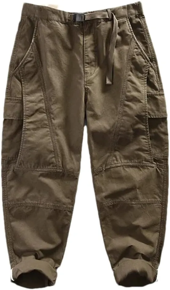 Pulcykp Men Cotton Retro Cargo Pants Multi-Pockets Daily Joggers Trousers Outdoor Harem Sportspants Coffee M