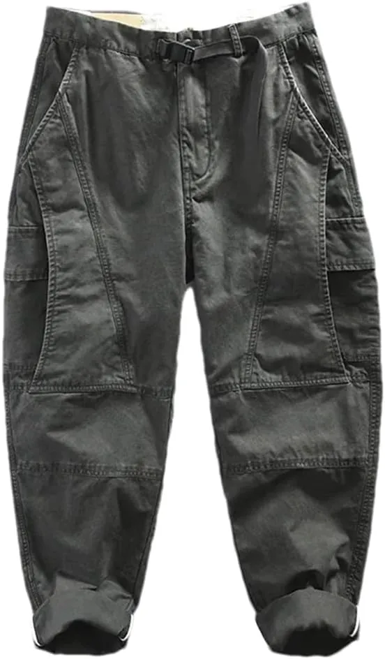 Pulcykp Men Cotton Retro Cargo Pants Multi-Pockets Daily Joggers Trousers Outdoor Harem Sportspants Gray XL