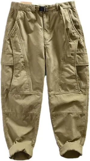 Pulcykp Men Cotton Retro Cargo Pants Multi-Pockets Daily Joggers Trousers Outdoor Harem Sportspants Khaki 2XL