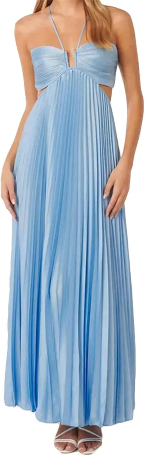 Qikaka Women's Spaghetti Strap Bodycon Pleated Ruched Ruffles Solid Bodycon Sexy Nightclub Party Dress