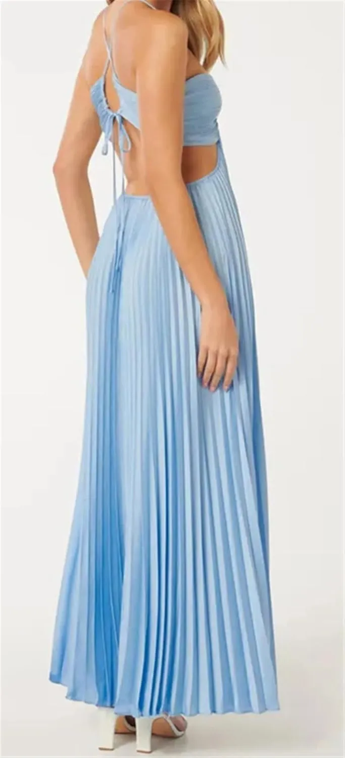 Qikaka Women's Spaghetti Strap Bodycon Pleated Ruched Ruffles Solid Bodycon Sexy Nightclub Party Dress