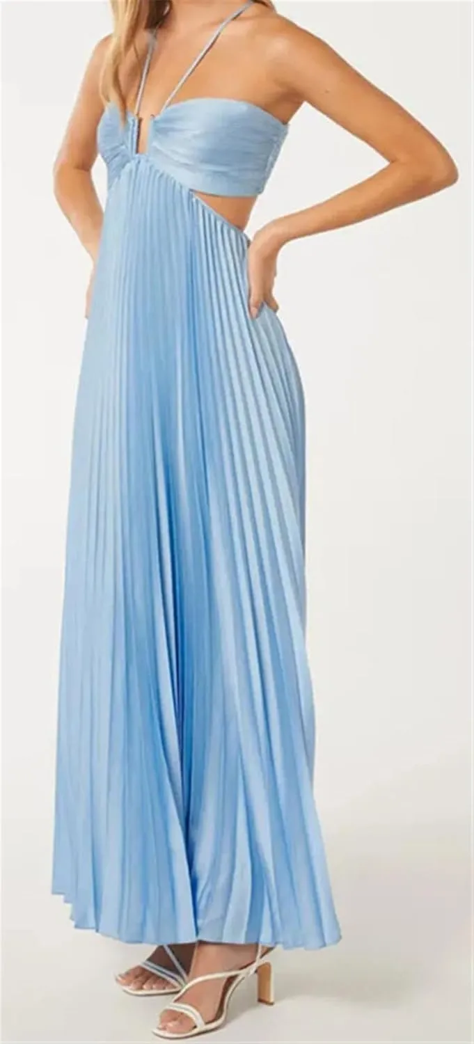 Qikaka Women's Spaghetti Strap Bodycon Pleated Ruched Ruffles Solid Bodycon Sexy Nightclub Party Dress