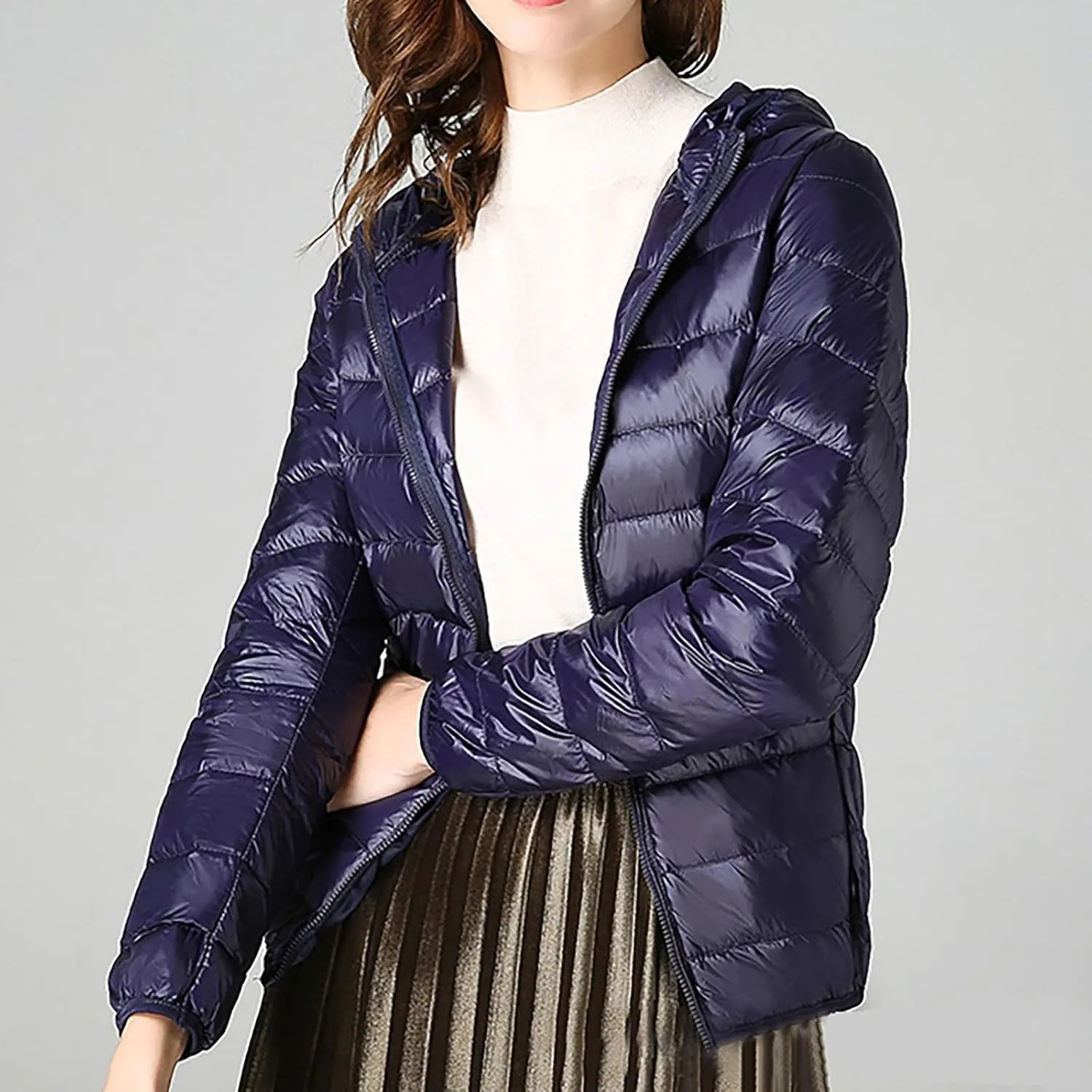 Quilted Jacket for Women Cropped Puffer Jacket Lightweight Slim Fit Winter Warm Duck Down Coat Stand Collar Outwear