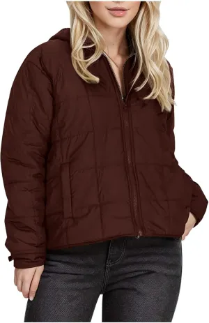 Quilted Jacket for Women Winter Long Sleeve Puffer Jackets Full Zipper Casual Down Coat Warm Fleece Padded Coats