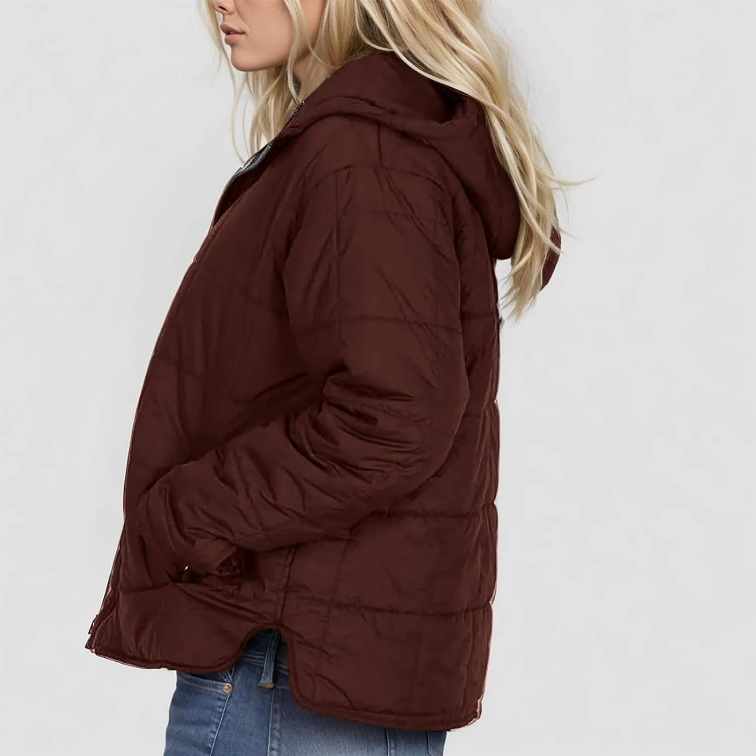 Quilted Jacket for Women Winter Long Sleeve Puffer Jackets Full Zipper Casual Down Coat Warm Fleece Padded Coats