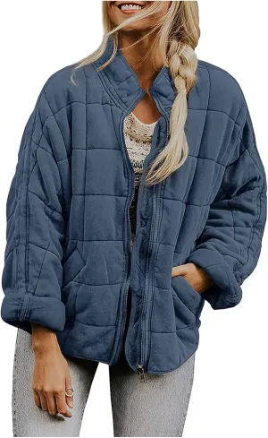 Quilted Jackets for Women Zip Up Plus Size Long Sleeve Coat Lightweight Puffer Jackets Loose Fit Winter Warm Outwear