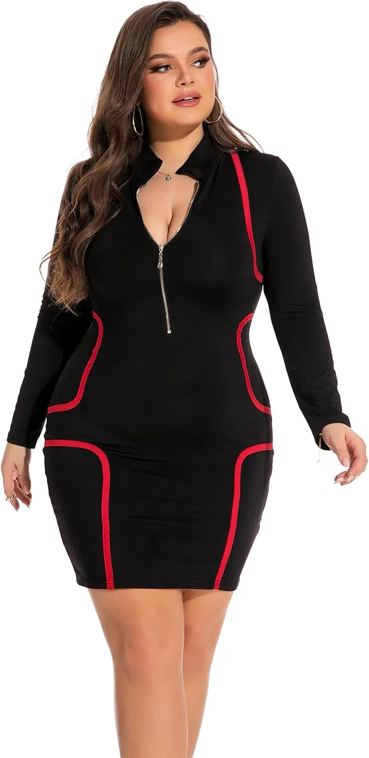 RED DOT BOUTIQUE Women's Plus Size Deep V Neck Front Zip Long Sleeve Sexy Bodycon Club Mini Dress