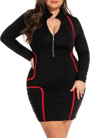 RED DOT BOUTIQUE Women's Plus Size Deep V Neck Front Zip Long Sleeve Sexy Bodycon Club Mini Dress