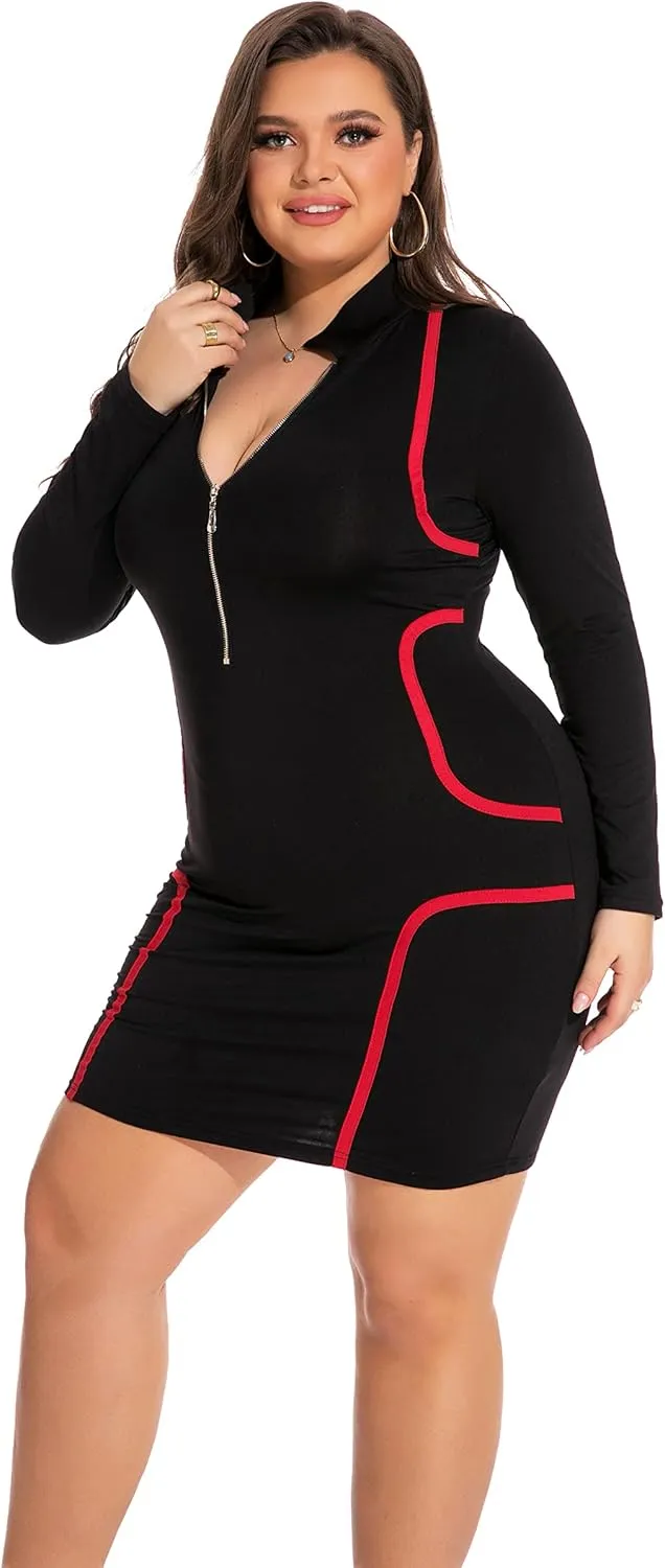 RED DOT BOUTIQUE Women's Plus Size Deep V Neck Front Zip Long Sleeve Sexy Bodycon Club Mini Dress
