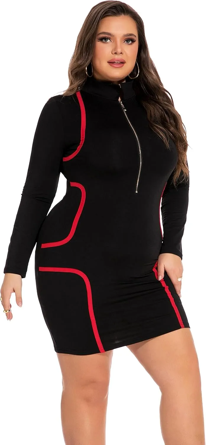 RED DOT BOUTIQUE Women's Plus Size Deep V Neck Front Zip Long Sleeve Sexy Bodycon Club Mini Dress