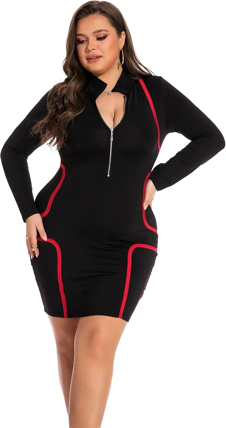 RED DOT BOUTIQUE Women's Plus Size Deep V Neck Front Zip Long Sleeve Sexy Bodycon Club Mini Dress
