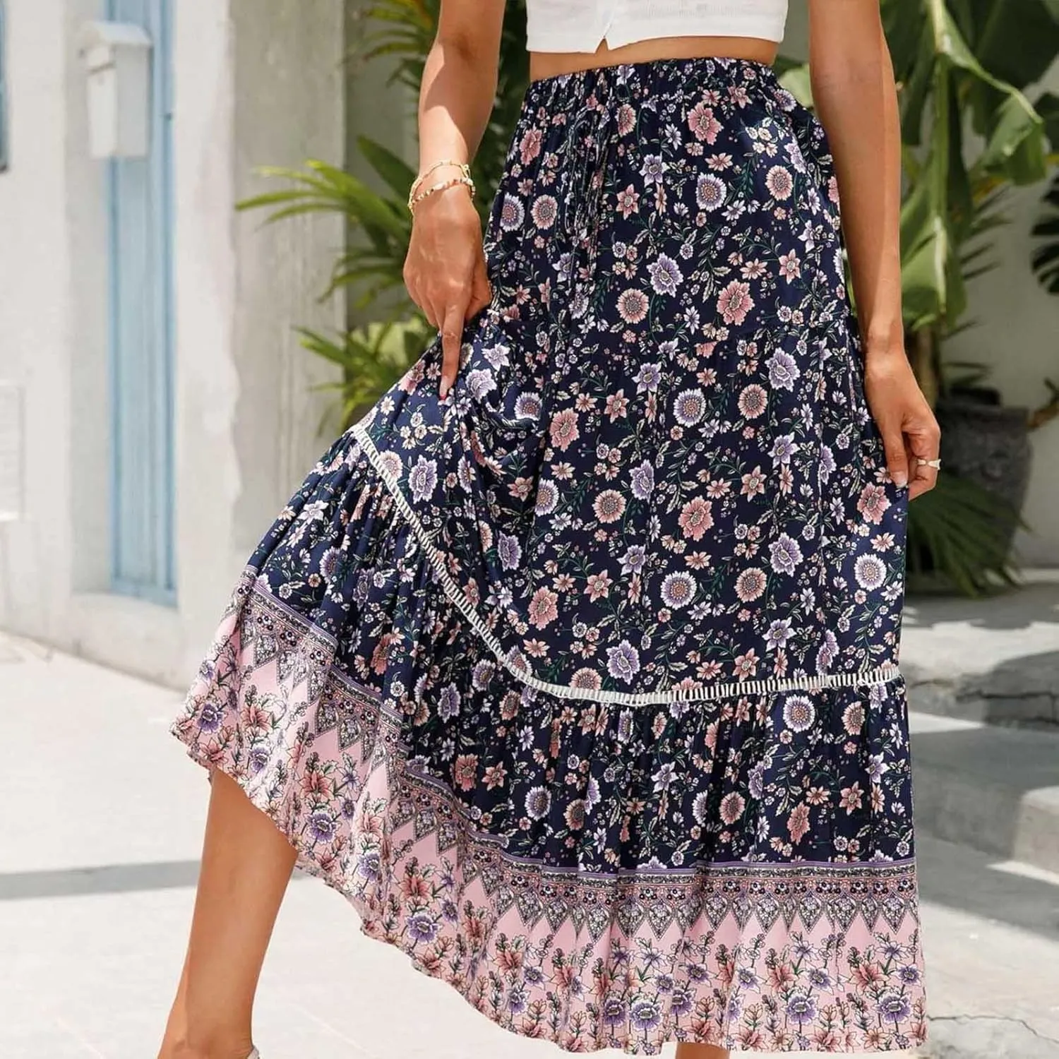Ruziyoog Womens Boho Floral Print Summer Dress Maxi Skirt High Waisted Flowy Tiered Skirt Vacation Beach Swing A-Line Skirts