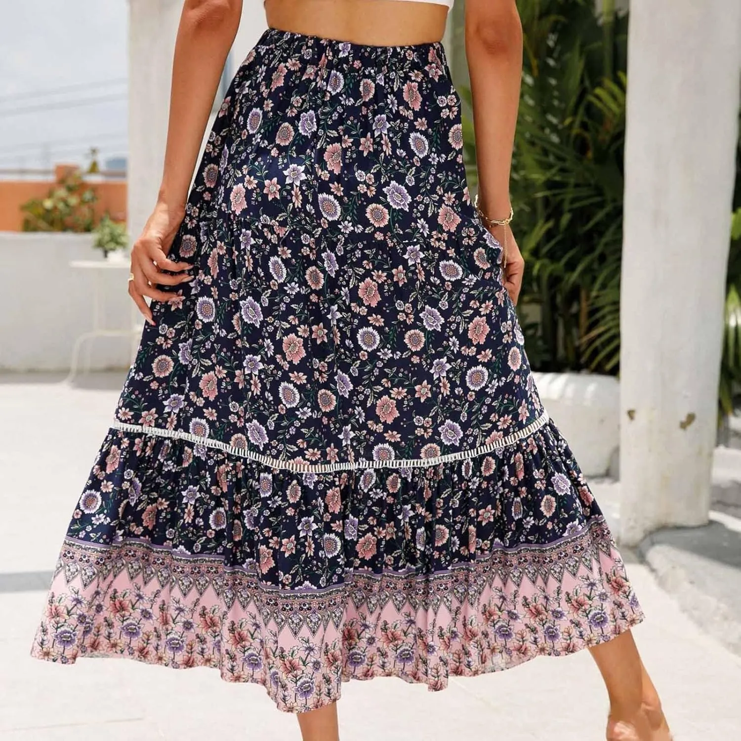 Ruziyoog Womens Boho Floral Print Summer Dress Maxi Skirt High Waisted Flowy Tiered Skirt Vacation Beach Swing A-Line Skirts