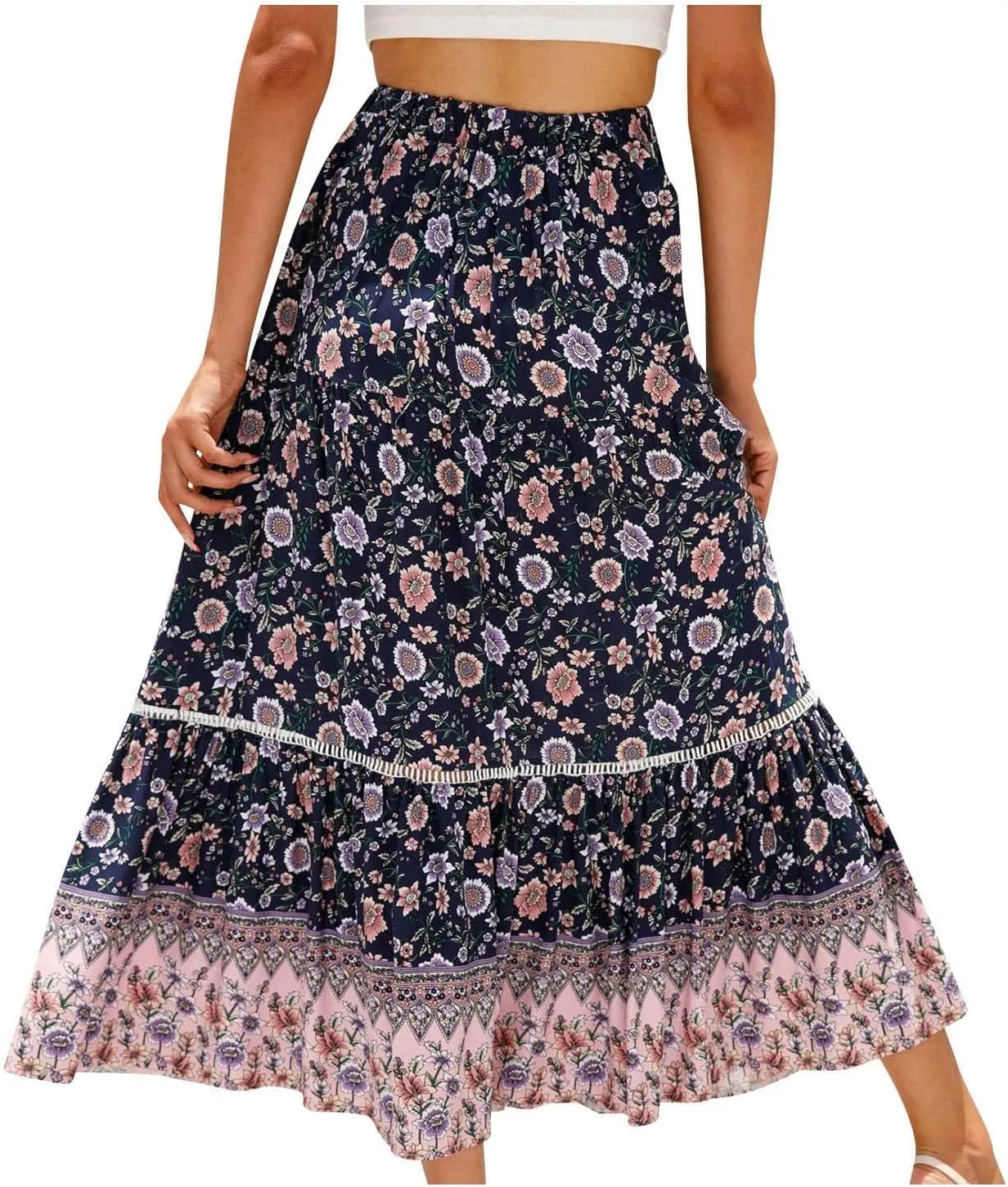 Ruziyoog Womens Boho Floral Print Summer Dress Maxi Skirt High Waisted Flowy Tiered Skirt Vacation Beach Swing A-Line Skirts