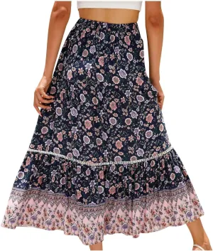 Ruziyoog Womens Boho Floral Print Summer Dress Maxi Skirt High Waisted Flowy Tiered Skirt Vacation Beach Swing A-Line Skirts