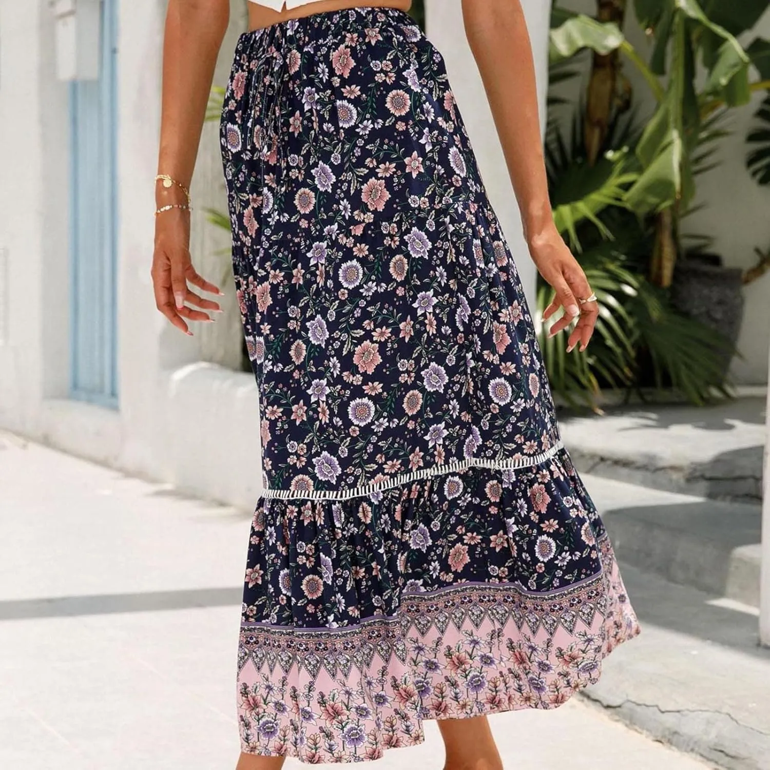 Ruziyoog Womens Boho Floral Print Summer Dress Maxi Skirt High Waisted Flowy Tiered Skirt Vacation Beach Swing A-Line Skirts