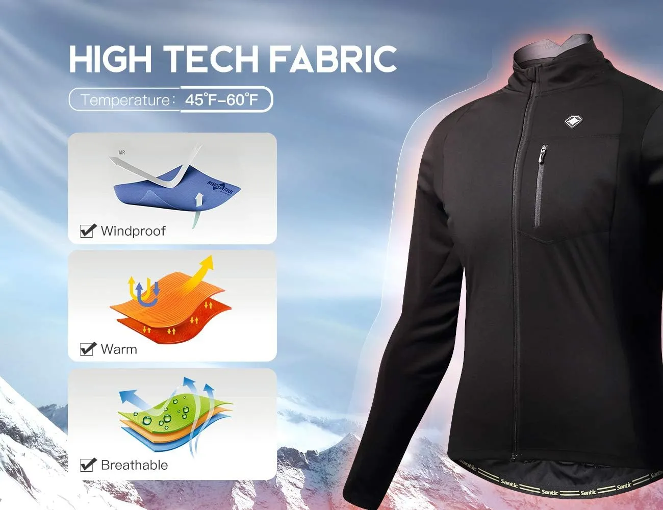 Santic Men's Cycling Bike Winter Jackets Windproof Fleece Thermal Warm UP Running Bike Bicycle Jacket Breathable Windbreaker