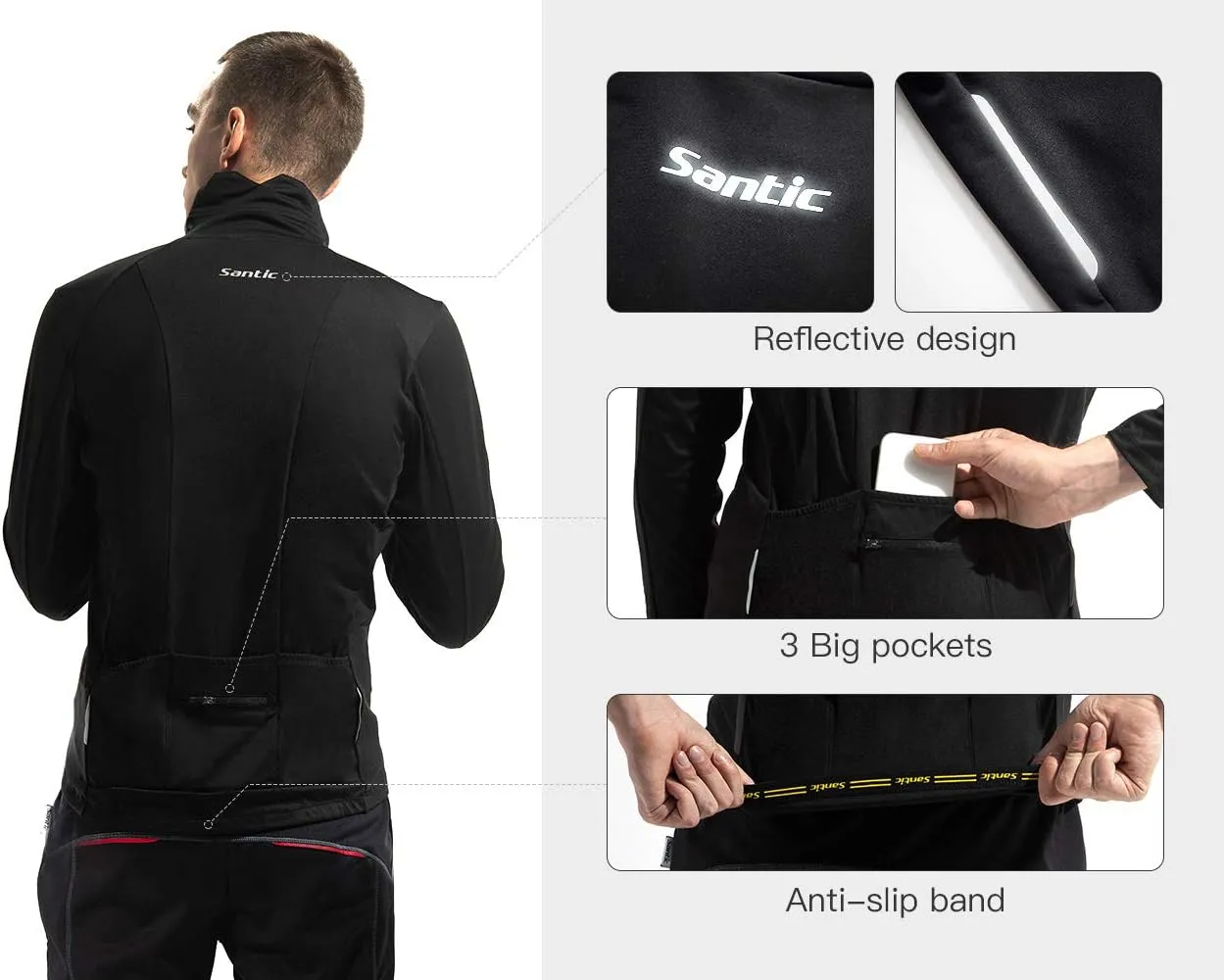 Santic Men's Cycling Bike Winter Jackets Windproof Fleece Thermal Warm UP Running Bike Bicycle Jacket Breathable Windbreaker