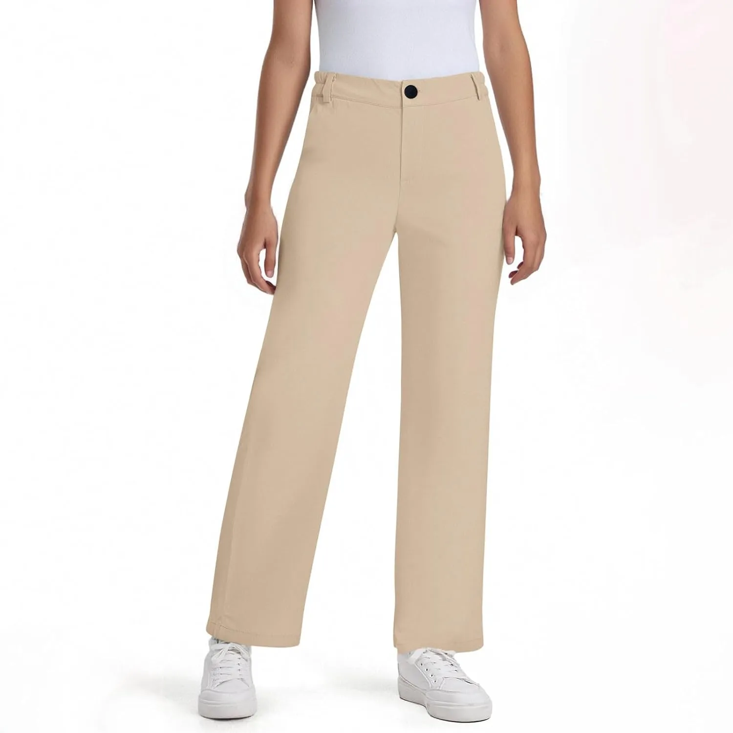 School Uniform Pants for Girls Elastic High Waisted Straight Leg Dress Pants Kids Casual Dressy Trousers with Pockets