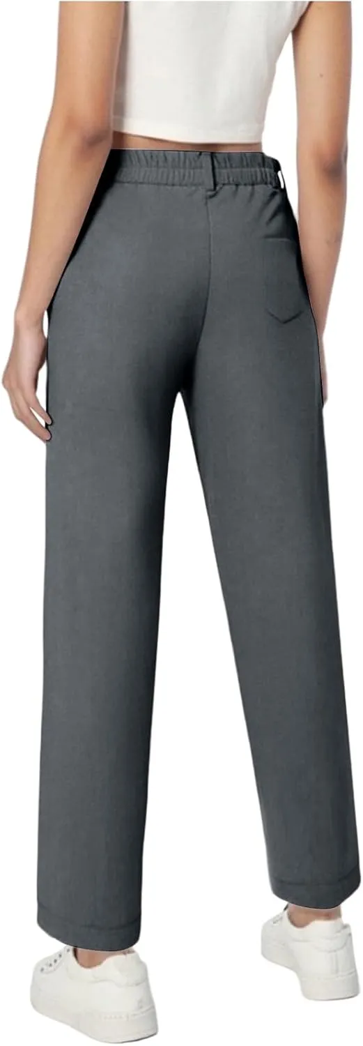 School Uniform Pants for Girls Elastic High Waisted Straight Leg Dress Pants Kids Casual Dressy Trousers with Pockets