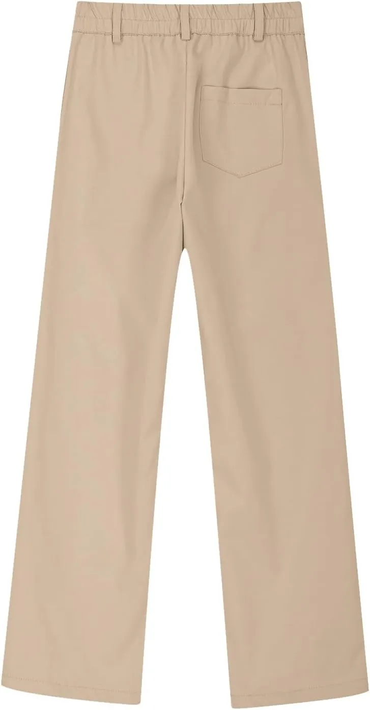 School Uniform Pants for Girls Elastic High Waisted Straight Leg Dress Pants Kids Casual Dressy Trousers with Pockets