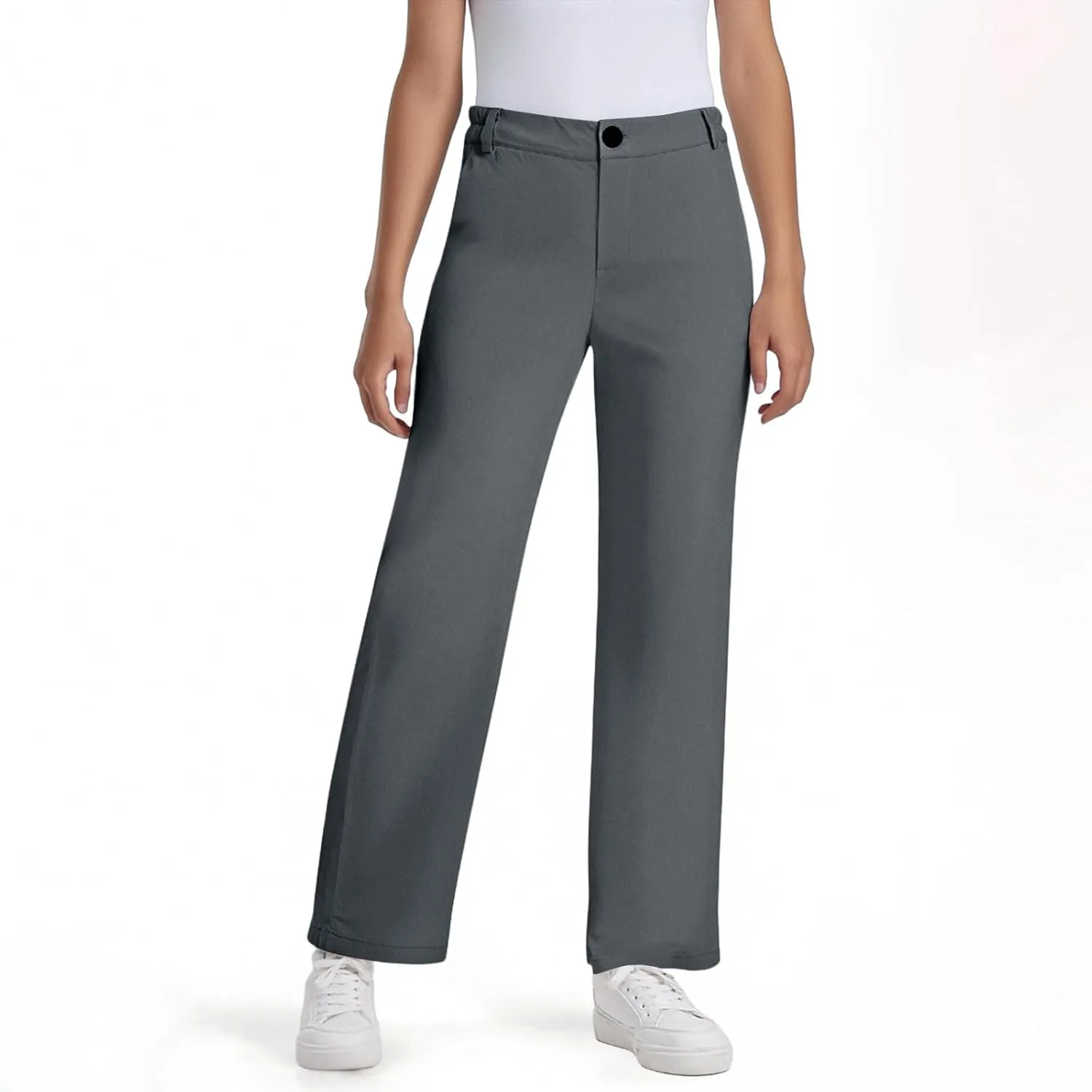 School Uniform Pants for Girls Elastic High Waisted Straight Leg Dress Pants Kids Casual Dressy Trousers with Pockets