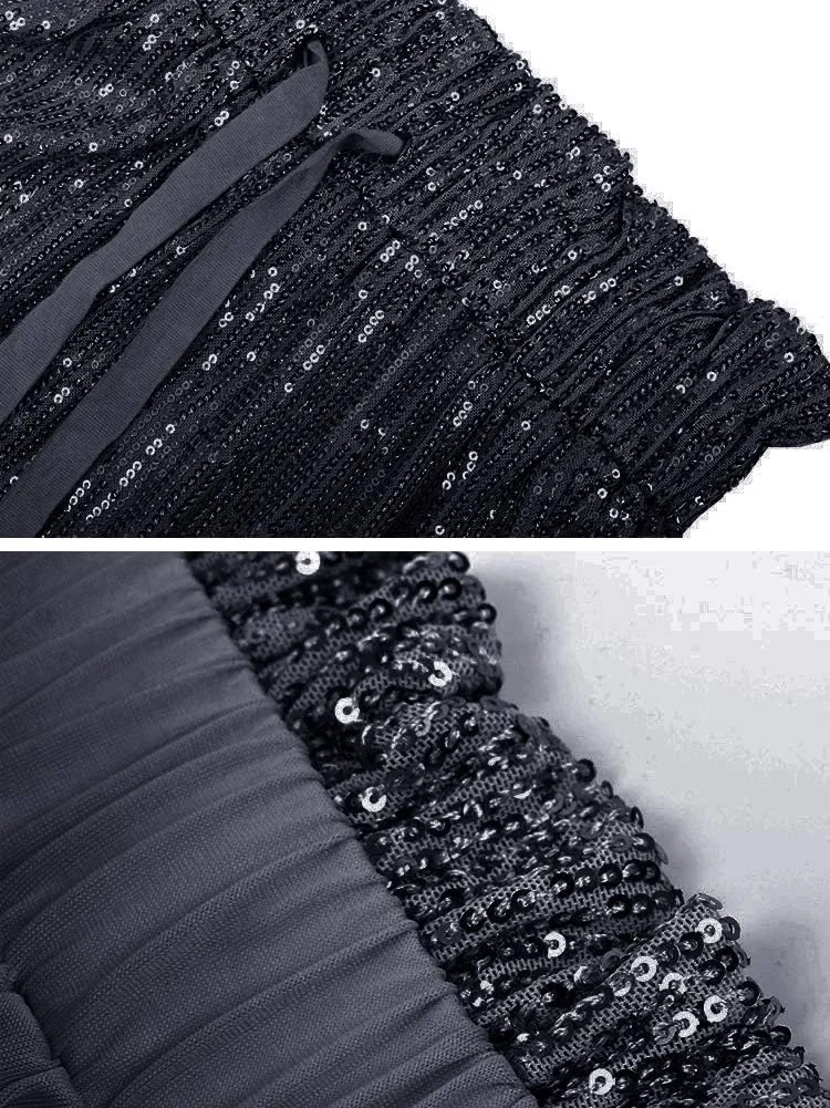 SCORP Women's Casual Glitter Bling Sequins Ruffle High Waisted Drawstring Long Pants Clubwear