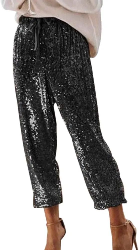 SCORP Women's Casual Glitter Bling Sequins Ruffle High Waisted Drawstring Long Pants Clubwear