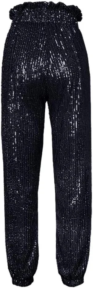 SCORP Women's Casual Glitter Bling Sequins Ruffle High Waisted Drawstring Long Pants Clubwear