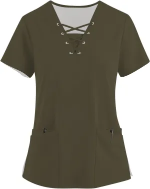Scrubs for Women Criss Cross V Neck Short Sleeve Working Uniforms Print Blouses Loose T Shirts with 4 Pockets